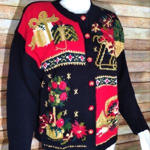Vintage Christmas Sweater Cardigan cotton presents sleigh  ugly Tiara Size M